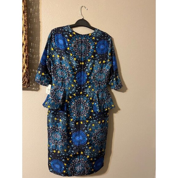 Doncaster Dress Blue Gold 8 Short Sleeve SILK Peplum Sheath NWT - Picture 9 of 11